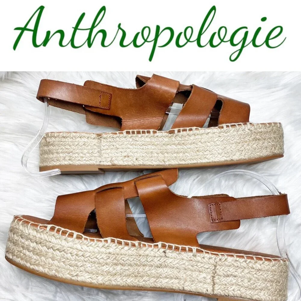 NWOT ANTHROPOLOGIE Brown Leather Platform Fisherman Sandals Espadrilles, Size 41